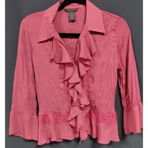 Sunny Taylor Ruffle Blouse Pink Solid 3/4 Sleeve Women Size PS